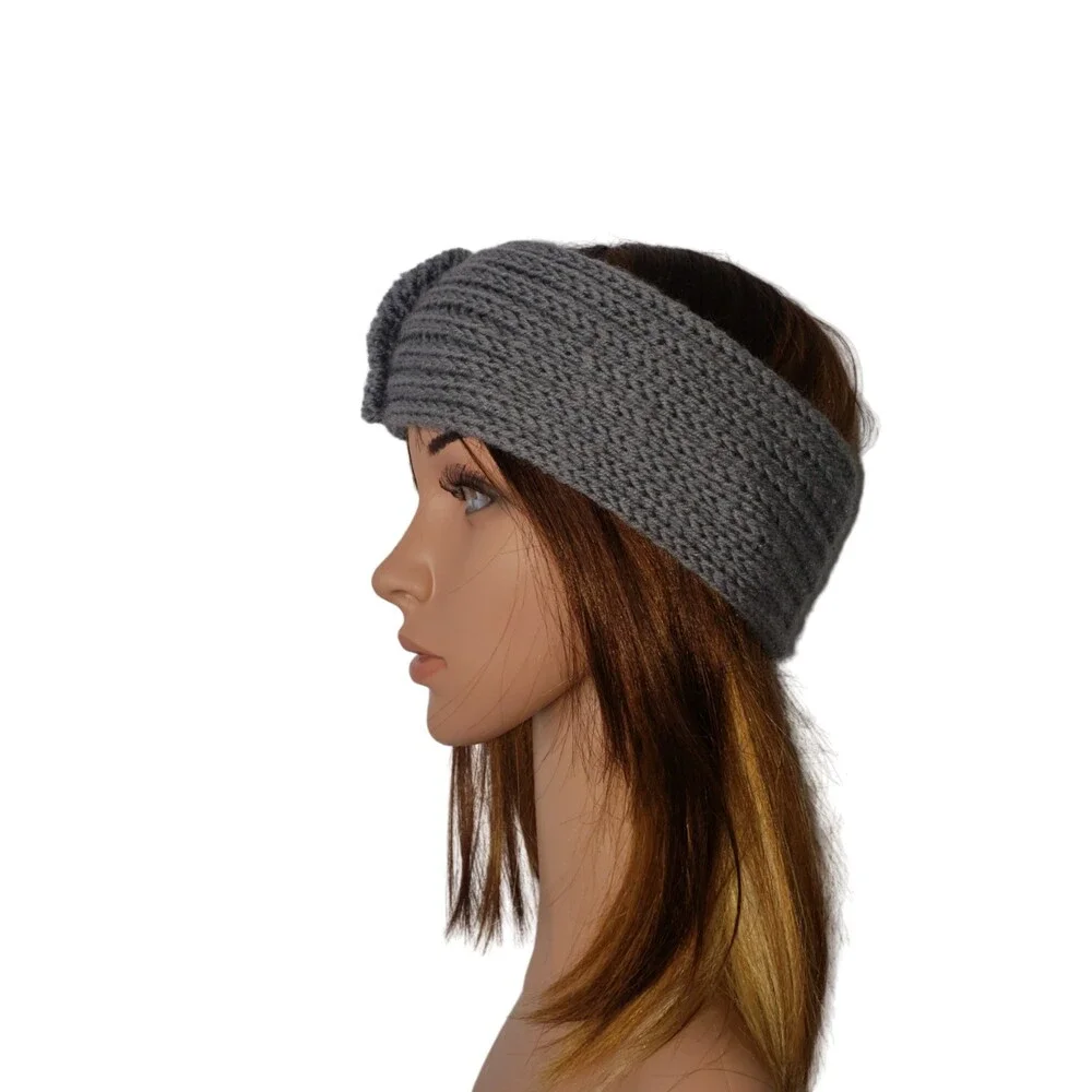 Gray Crochet Headband with Rhinestone Detail Bow